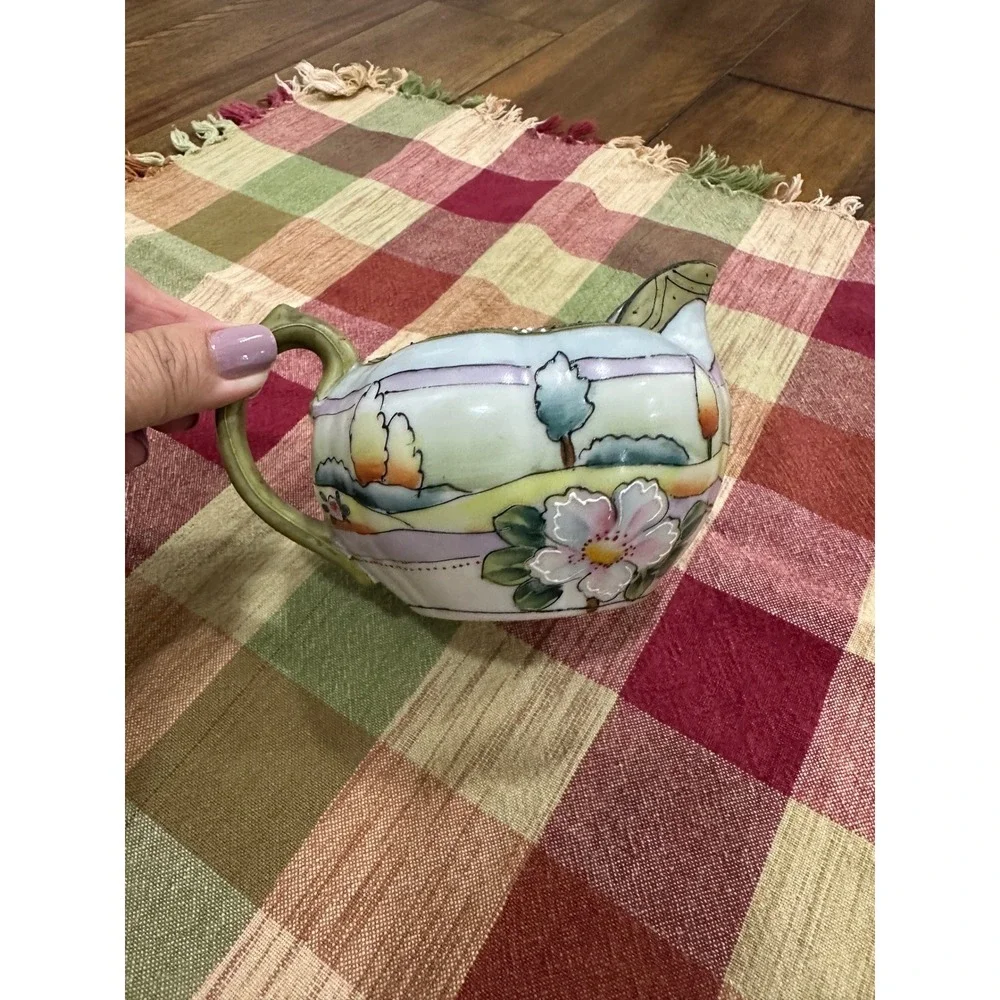 Vintage Hand Painted Japan Porcelain Creamer Pitcher Floral Landscape Scenic